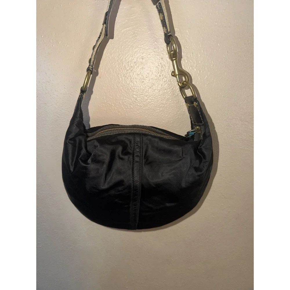 Coach Hampton Black Hobo Shoulder Bag Nylon Black Stitching  With Teal Lining